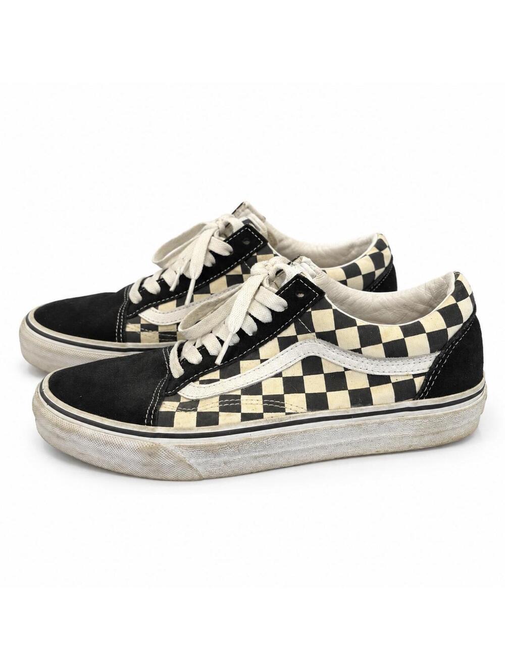 Fire Y2K pair of Vans Old Skool black and white checkerboard sneakers
